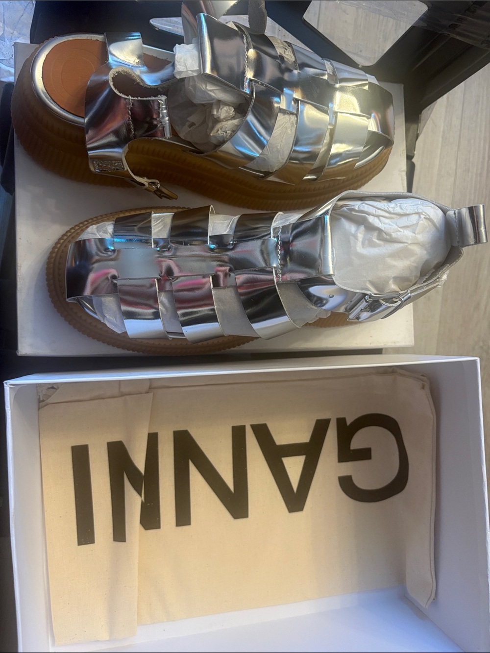 Ganni Metallic Silver Strappy Fisherman Sandals